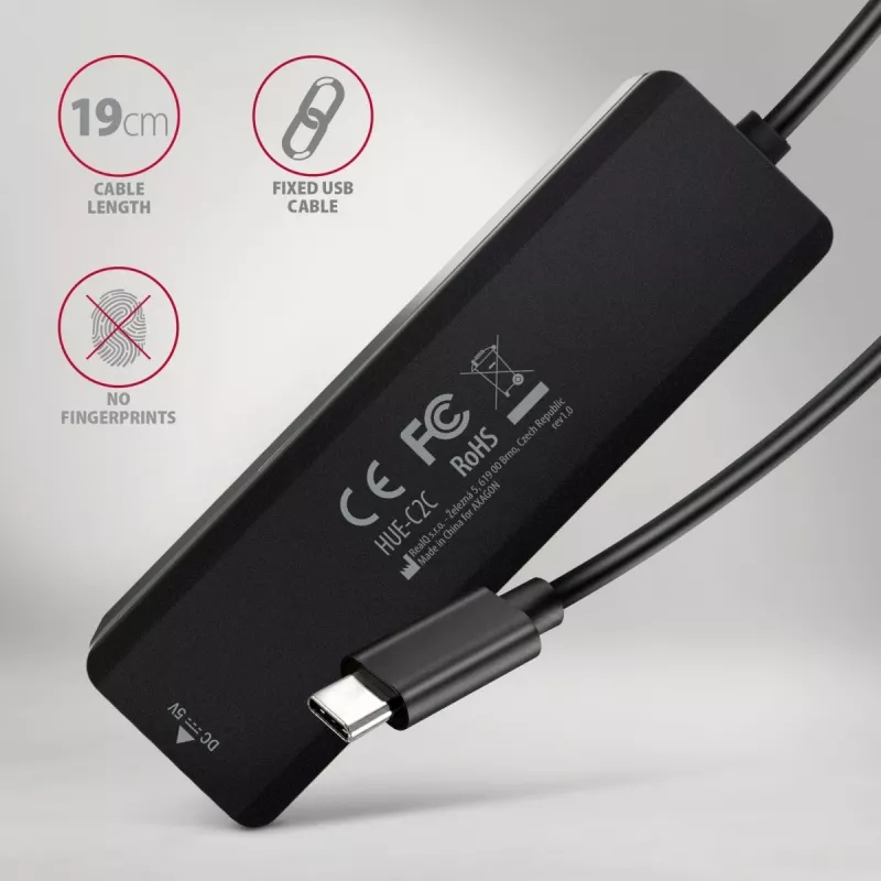 AXAGON HUE-C2C USB-C 5 Gbps kelioninis šakotuvas, 2x USB-A + 2x USB-C, USB-C maitinimo įėjimas, 19 cm kabelis