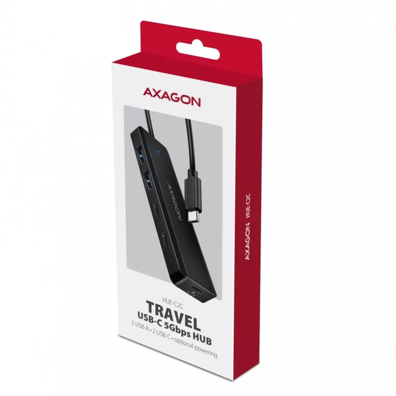 AXAGON HUE-C2C USB-C 5 Gbps kelioninis šakotuvas, 2x USB-A + 2x USB-C, USB-C maitinimo įėjimas, 19 cm kabelis