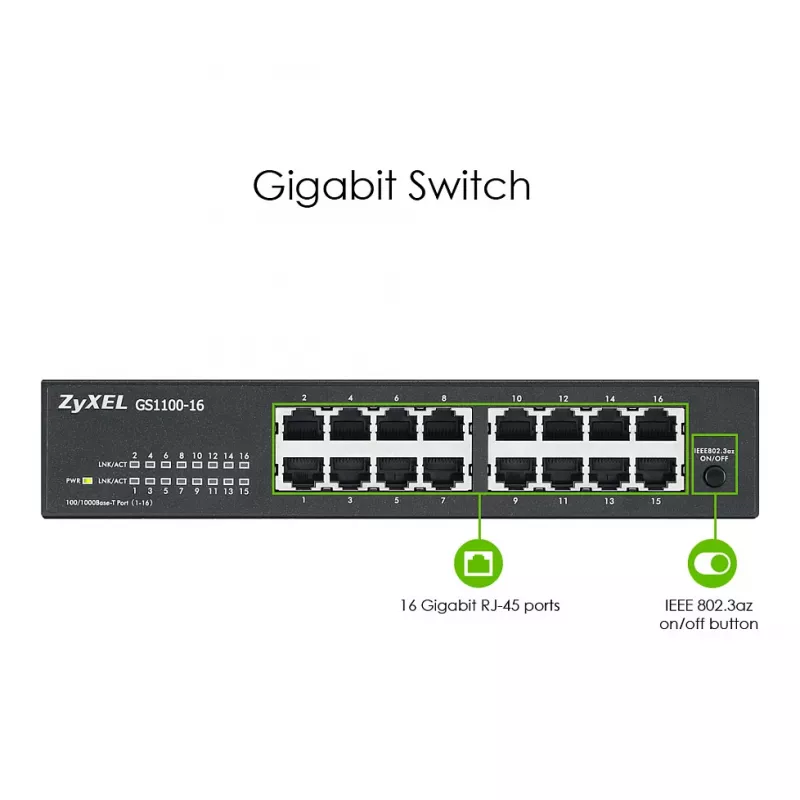 ZyXEL GS1100-16E 16 prievadų Gigabit nevaldomas metalinis tinklo jungiklis