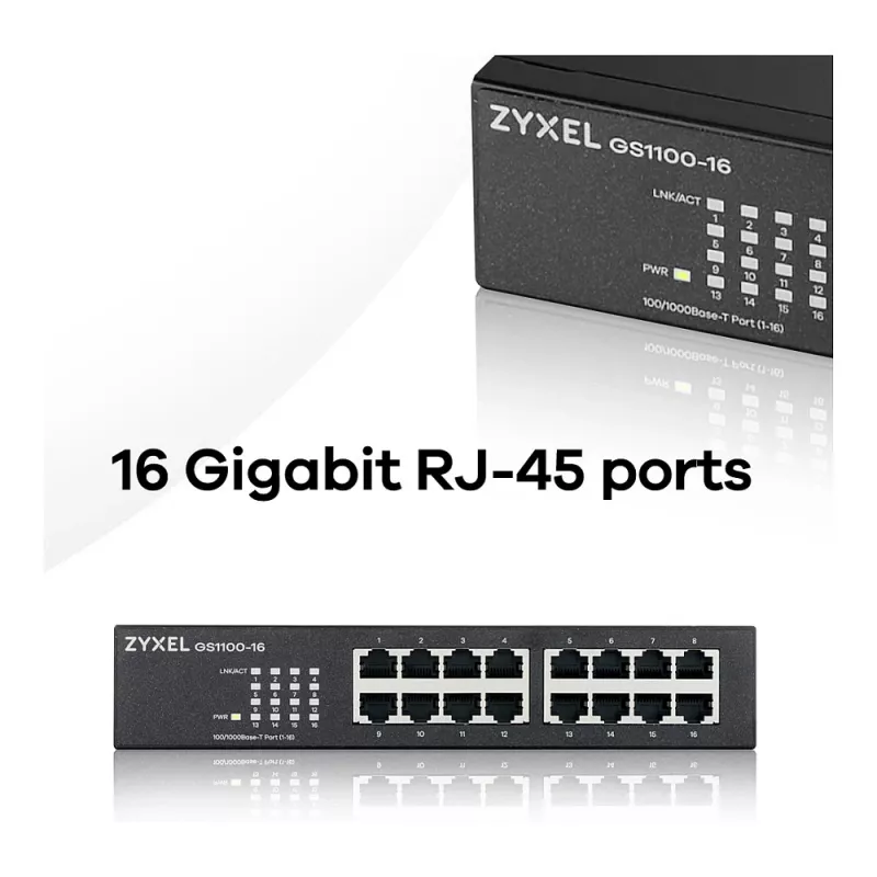 ZyXEL GS1100-16E 16 prievadų Gigabit nevaldomas metalinis tinklo jungiklis