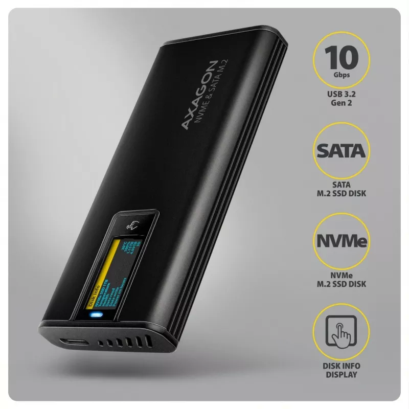 AXAGON EEM2-SD2B išorinis korpusas 10Gbps M.2 NVMe/SATA SSD su LED ekranu, USB-C, juodas