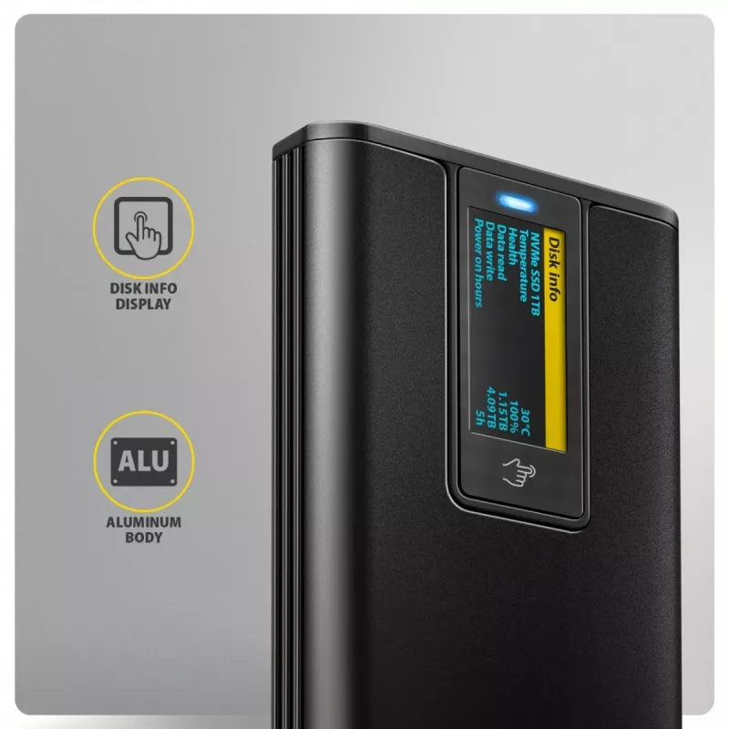 AXAGON EEM2-SD2B išorinis korpusas 10Gbps M.2 NVMe/SATA SSD su LED ekranu, USB-C, juodas