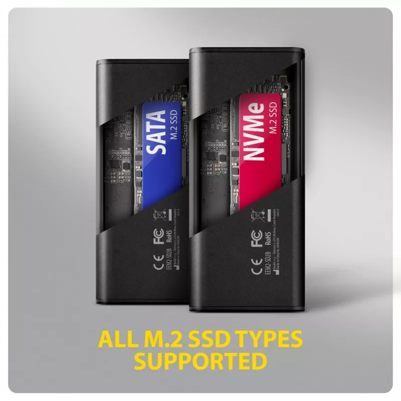 AXAGON EEM2-SD2B išorinis korpusas 10Gbps M.2 NVMe/SATA SSD su LED ekranu, USB-C, juodas