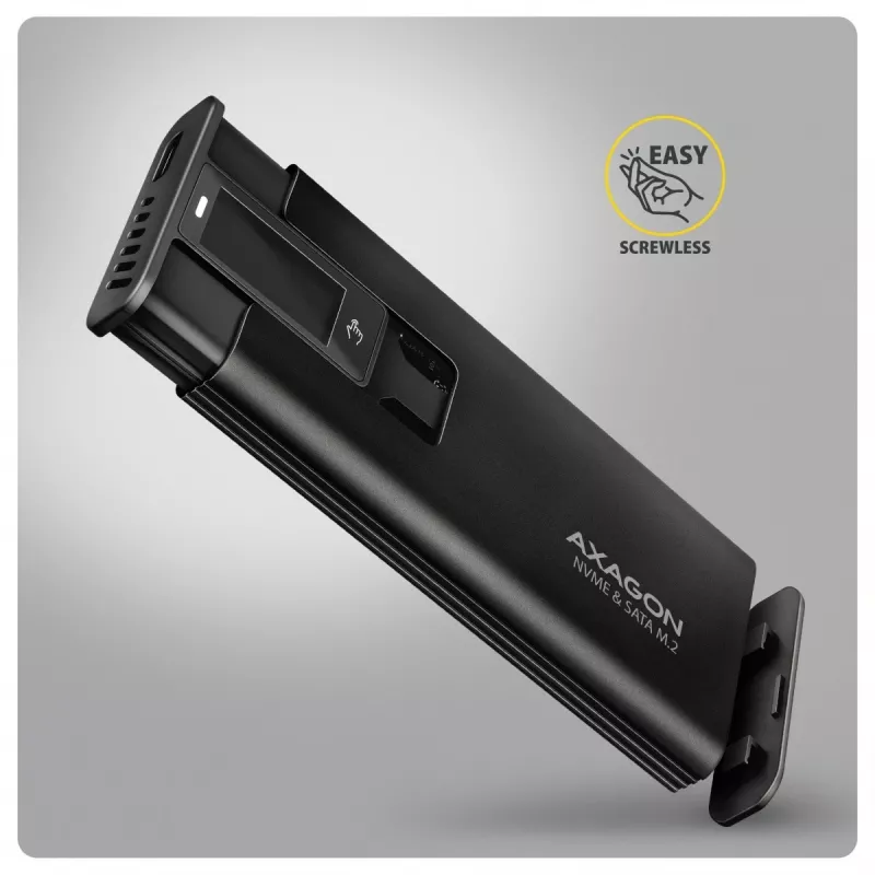 AXAGON EEM2-SD2B išorinis korpusas 10Gbps M.2 NVMe/SATA SSD su LED ekranu, USB-C, juodas