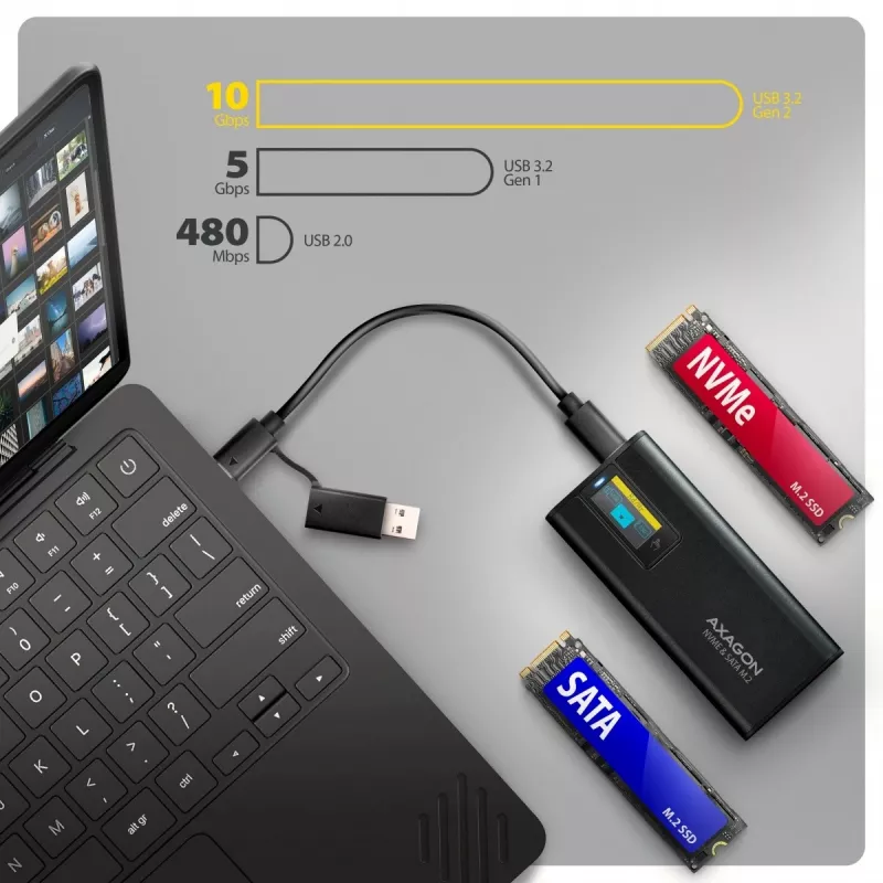 AXAGON EEM2-SD2B išorinis korpusas 10Gbps M.2 NVMe/SATA SSD su LED ekranu, USB-C, juodas