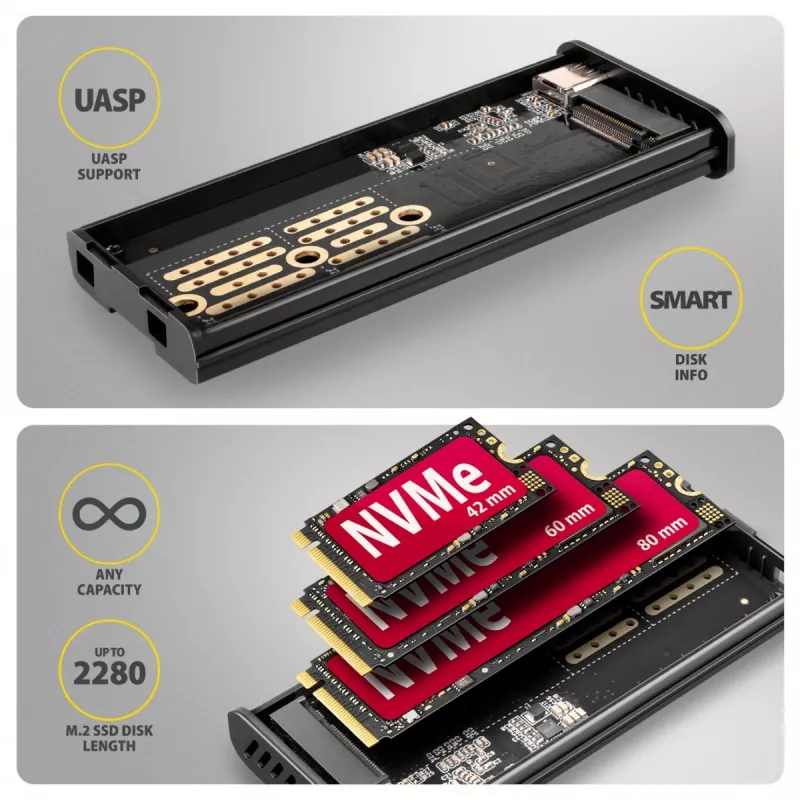 AXAGON EEM2-SD2B išorinis korpusas 10Gbps M.2 NVMe/SATA SSD su LED ekranu, USB-C, juodas