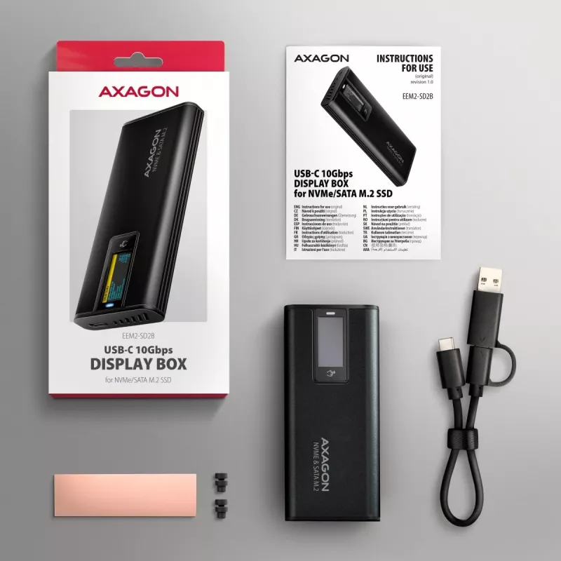 AXAGON EEM2-SD2B išorinis korpusas 10Gbps M.2 NVMe/SATA SSD su LED ekranu, USB-C, juodas
