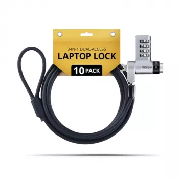 StarTech.com UDUOKA10-LAPTOP-LOCK 10-Pack 3-in-1 Laptop Lock - Keyed Alike/Kombinuotas apsauginis kabelio užraktas - Apsauga nuo vagystės - Juoda ir sidabrinė - 2 m - TAA atitinka