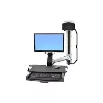 Ergotron StyleView sėdėjimo-stovėjimo kombinuota sistema su darbiniu paviršiumi ir mažu juodu CPU laikikliu