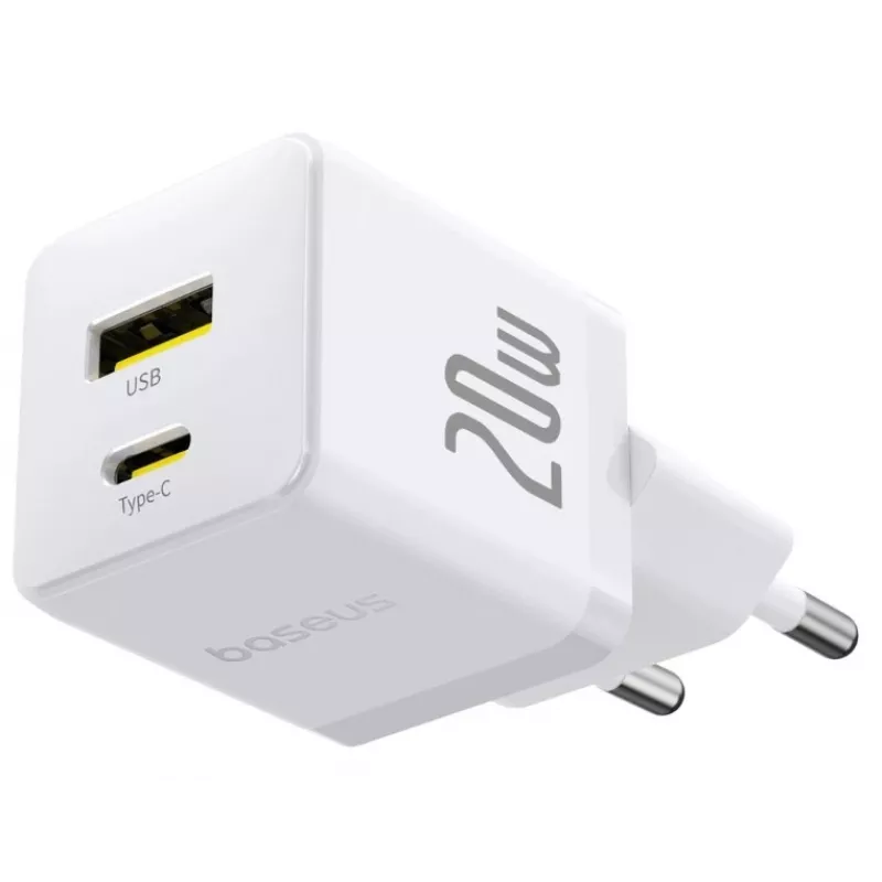 Baseus Palm 20W USB-C + USB-A sieninis įkroviklis, baltas