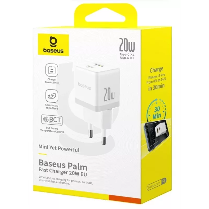 Baseus Palm 20W USB-C + USB-A sieninis įkroviklis, baltas