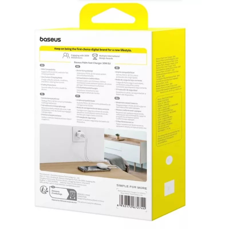 Baseus Palm 20W USB-C + USB-A sieninis įkroviklis, baltas