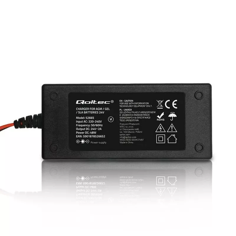 Qoltec 52665 Automatinis akumuliatoriaus įkroviklis AGM GEL STD baterijoms, 24V 2A 48W, LED indikatorius, 1,8m laidas