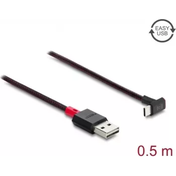 Delock EASY-USB 2.0 laidas USB Type-A kištukas – USB Type-C kištukas, lenktas aukštyn/žemyn, 0,5 m, juodas