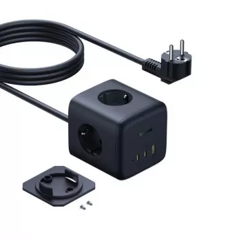 Baseus EnerFill FA11 67W maitinimo blokas su 3 EU kištukiniais lizdais, 2 USB-C ir 1 USB-A, 1,5 m kabeliu, juodas
