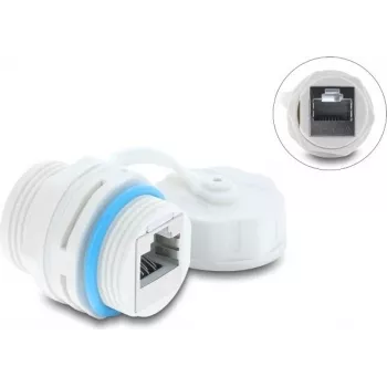 Delock RJ45 Coupler Cat.6A Female to Female su M23.5 x 1.5 mm sriegiu ir apsauginiu dangteliu, IP68, dulkėms ir vandeniui atsparus, baltas (87156)