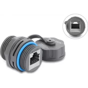 Delock RJ45 Female to RJ45 Female Cable Connector Cat.6A su M23.5 x 1.5 mm sriegiu ir apsauginiu dangteliu, IP68, dulkėms ir vandeniui atsparus, pilkas (87157)