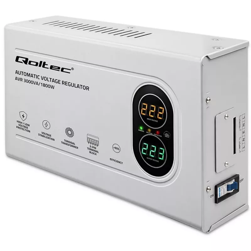 Qoltec automatinis įtampos reguliatorius AVR 3000VA 1800W kompaktiškas su toroidiniu transformatoriumi