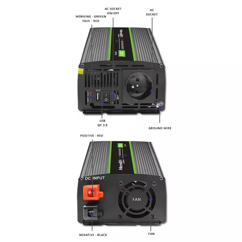 Qoltec Monolith 2000 MS Wave Voltage Converter 12V to 230V 1000/2000W USB
