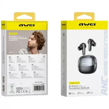 AWEI T229 ANC AI True Wireless Earbuds su realaus laiko vertimu, aktyviu triukšmo slopinimu, Bluetooth 5.0, IPX4, iki 20h baterijos veikimo laiko, juoda