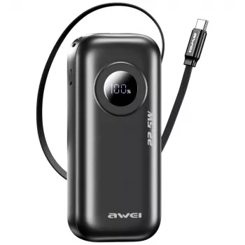 AWEI PowerBank PA-9 10000mAh 22,5W su įtraukiamu kabeliu, juoda