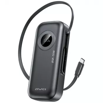 AWEI PowerBank PA-9 10000mAh 22,5W su įtraukiamu kabeliu, juoda