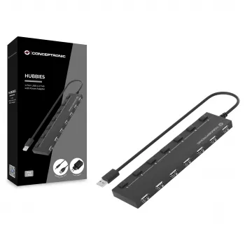 Conceptronic 7-Port USB 2.0 Hub with Power Adapter - Black (HUBBIES08BP)