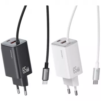USAMS JC Series CC266 65W GaN Fast Charger 2xUSB-C 1xUSB-A su integruotu USB-C laidu 1,5 m baltas