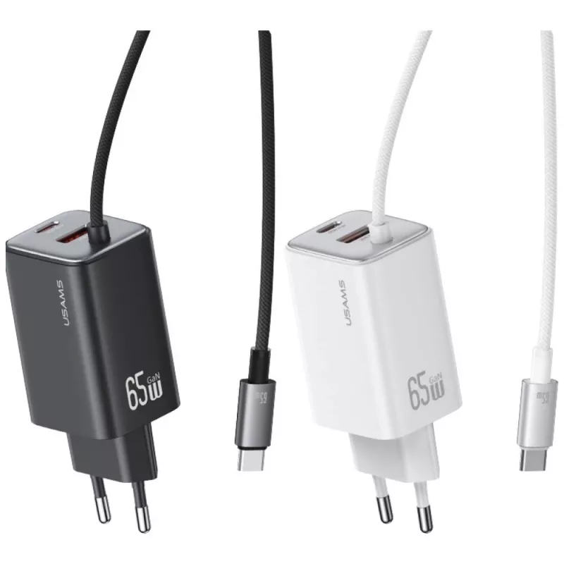 USAMS JC Series CC266 65W GaN Fast Charger 2xUSB-C 1xUSB-A su integruotu USB-C laidu 1,5 m baltas