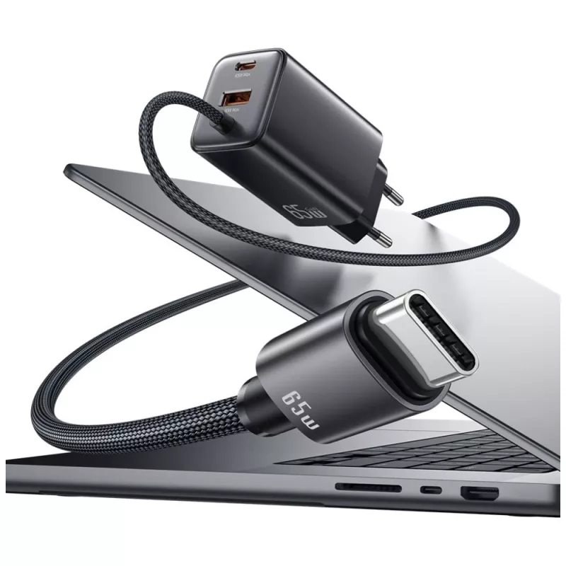 USAMS JC Series CC266 65W GaN Fast Charger 2xUSB-C 1xUSB-A su integruotu USB-C laidu 1,5 m baltas