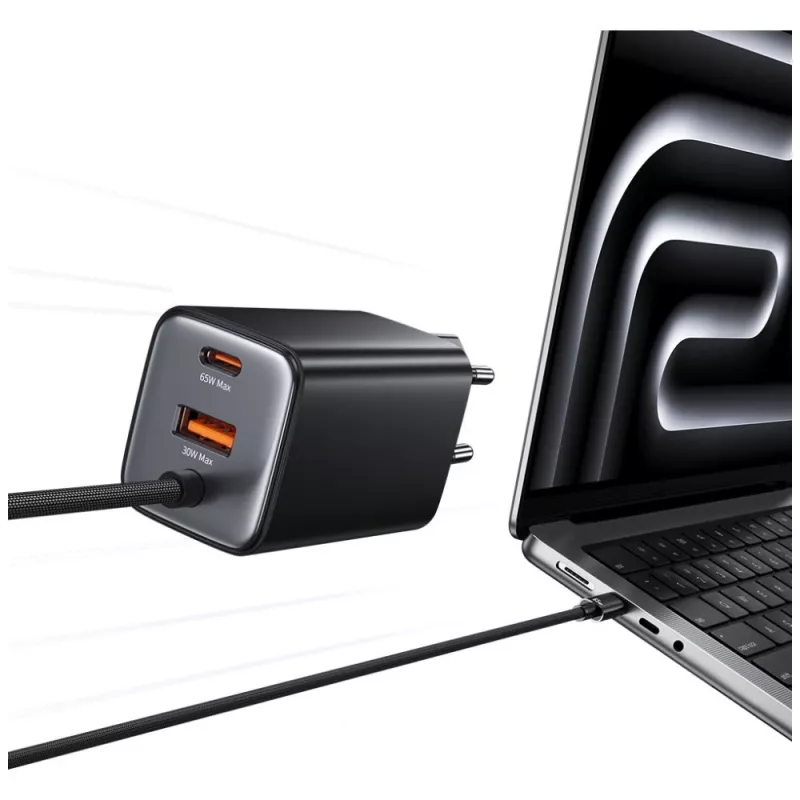 USAMS JC Series CC266 65W GaN Fast Charger 2xUSB-C 1xUSB-A su integruotu USB-C laidu 1,5 m baltas