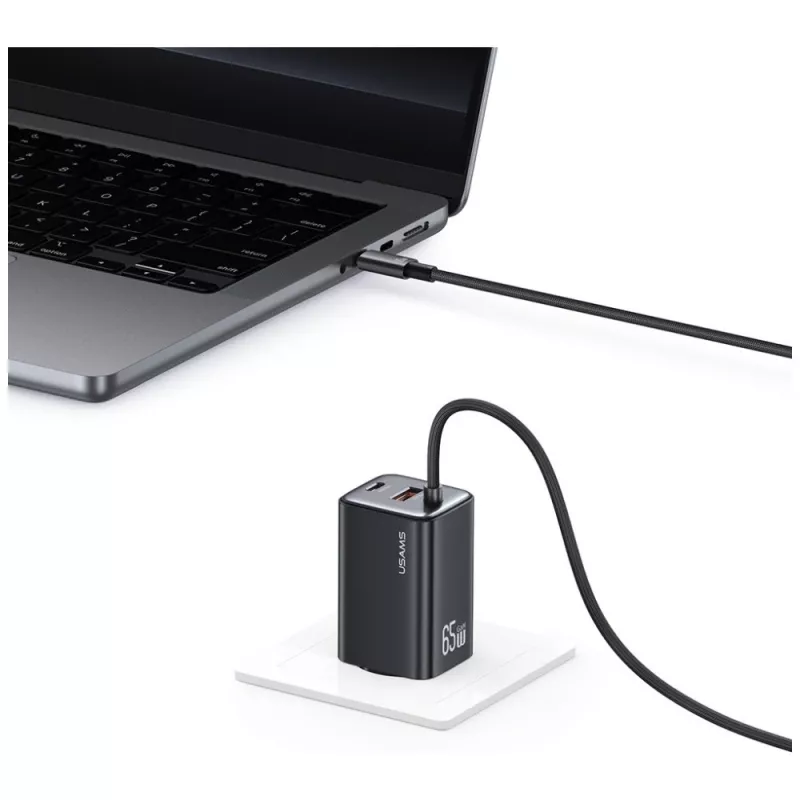 USAMS JC Series CC266 65W GaN Fast Charger 2xUSB-C 1xUSB-A su integruotu USB-C laidu 1,5 m baltas