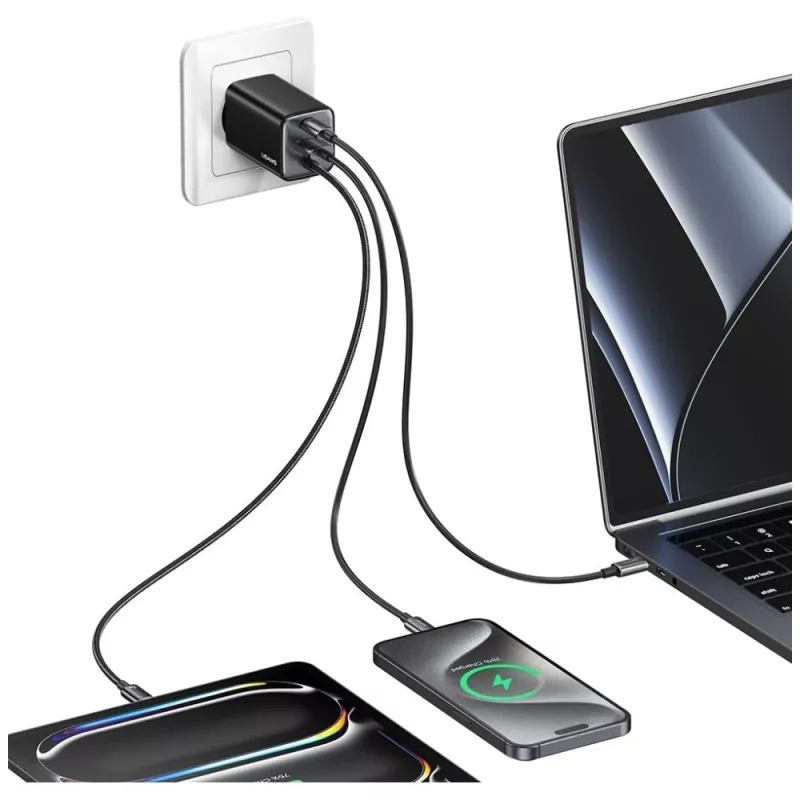USAMS JC Series CC266 65W GaN Fast Charger 2xUSB-C 1xUSB-A su integruotu USB-C laidu 1,5 m baltas