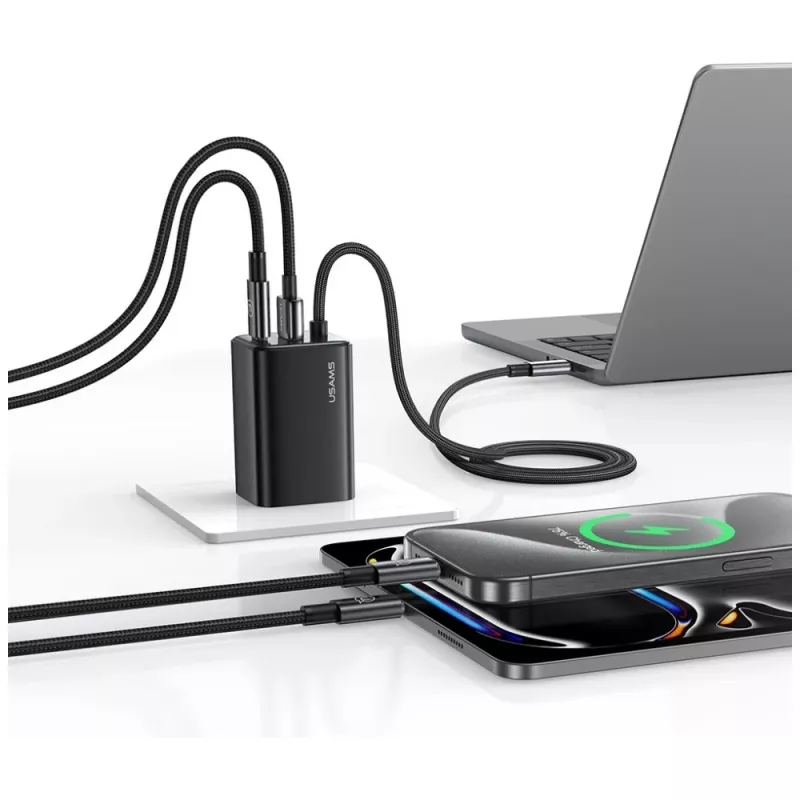 USAMS JC Series CC266 65W GaN Fast Charger 2xUSB-C 1xUSB-A su integruotu USB-C laidu 1,5 m baltas