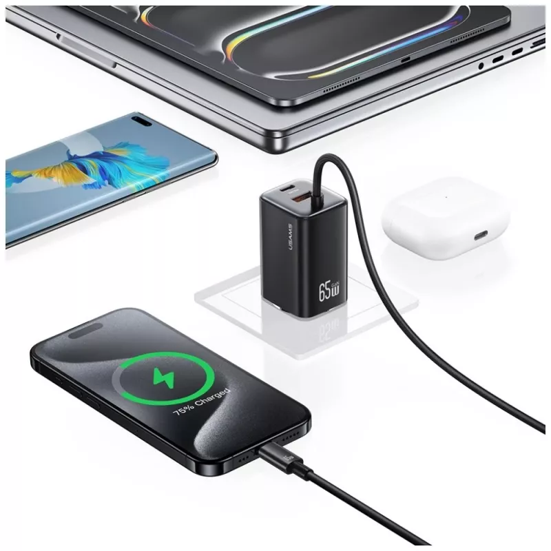 USAMS JC Series CC266 65W GaN Fast Charger 2xUSB-C 1xUSB-A su integruotu USB-C laidu 1,5 m baltas