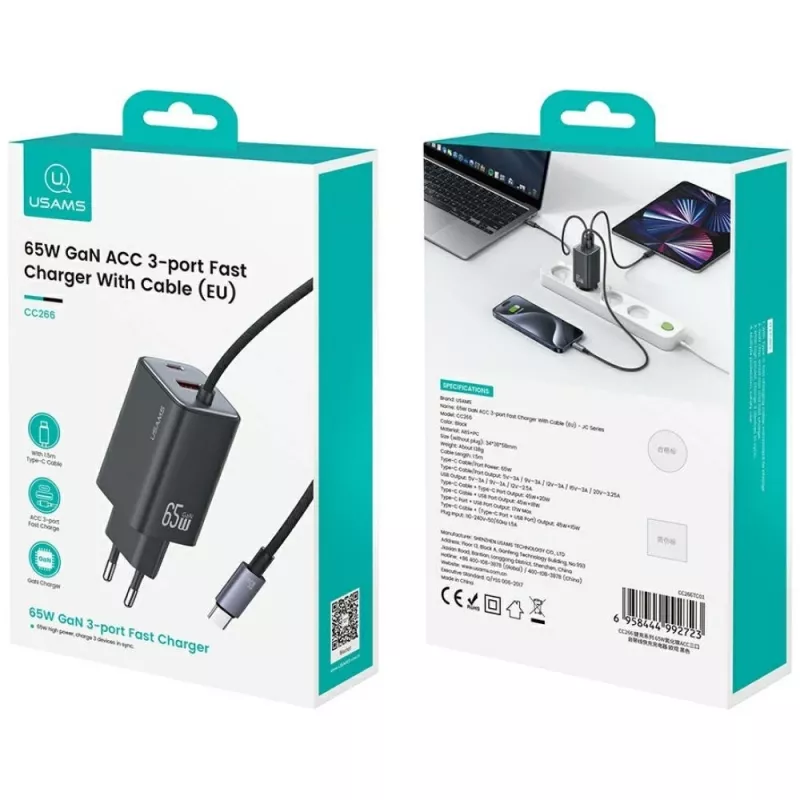 USAMS JC Series CC266 65W GaN Fast Charger 2xUSB-C 1xUSB-A su integruotu USB-C laidu 1,5 m baltas