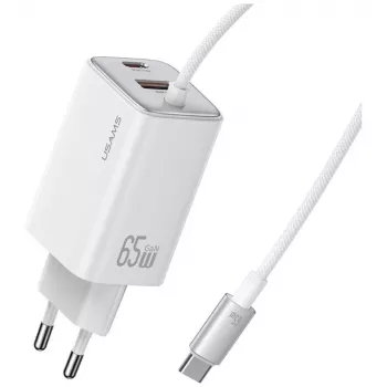 USAMS JC Series CC266 65W GaN Fast Charger 2xUSB-C 1xUSB-A su integruotu USB-C laidu 1,5 m baltas