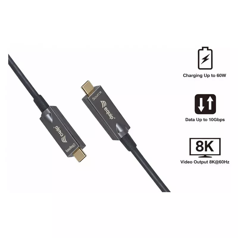 Equip USB-C 3.2 į USB-C aktyvus optinis kabelis 8K PD60W 5m juodas