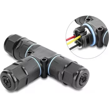 Delock T formos kabelio jungtis, 3 kontaktų, užspaudžiama, IP68, vandeniui atspari, kabelio skersmuo 5–9 mm, su tarpinėmis 9–12 mm, be įrankių, juoda (87244)
