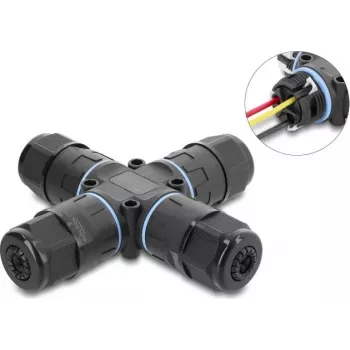Delock X-Shape Cable Connector with Screw Terminal 3 Pin, IP68 Waterproof for Cable Diameter 5 - 9 mm, incl. Seals for 9 - 12 mm, Tool-Free Black (87247)