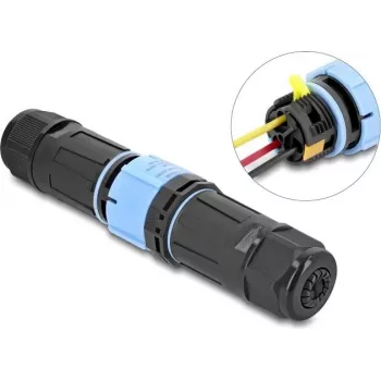 Delock kabelio jungtis su bajonetiniu fiksatoriumi 3 kontaktų kištukas-lizdas, IP68 vandeniui atspari, kabelio skersmeniui 5–9 mm, su tarpinėmis 9–12 mm, be įrankių, juoda (87249)