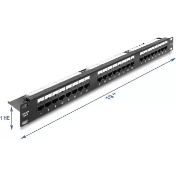 Delock 19 inch 1U Patch Panel 24 Port Cat.6 su LED ir įtempimo mažinimo juosta, neekranuotas, juodas (91087)