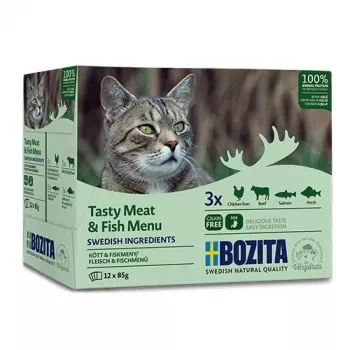 BOZITA Tasty Meat & Fish Menu in Jelly – šlapias ėdalas katėms 12 x 85 g