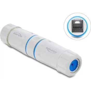 Delock RJ45 moteriškas į moterišką jungtuvas Cat.6A su M23.5 x 1,5 mm sriegiu, IP68, apsaugotas nuo dulkių ir vandens, baltas (90661)
