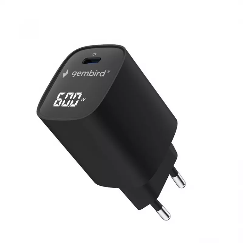 Gembird TA-UC-1C-PD60LCD-01-BK 60W USB Type-C greitasis įkroviklis su LCD ekranu, juodas