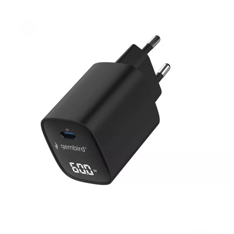 Gembird TA-UC-1C-PD60LCD-01-BK 60W USB Type-C greitasis įkroviklis su LCD ekranu, juodas