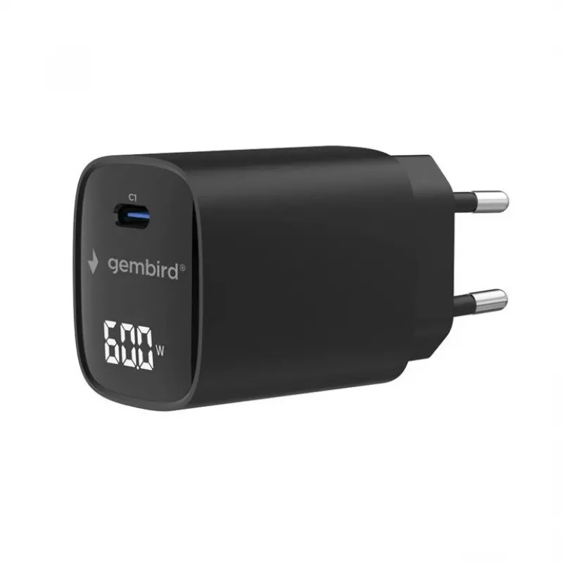 Gembird TA-UC-1C-PD60LCD-01-BK 60W USB Type-C greitasis įkroviklis su LCD ekranu, juodas