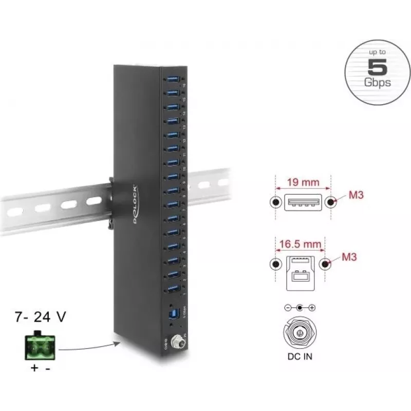 Delock Industrial Hub 16 x USB 5 Gbps Type-A su 8 kV ESD apsauga ir DIN bėgio montavimu (60793)