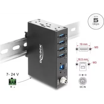 Delock Industrial Hub 4x USB 5 Gbps Type-A su 8 kV ESD apsauga ir DIN bėgio montavimu