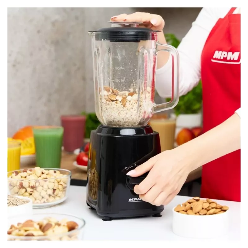 MPM MBL-37 Blender, 500 W, 1.5 L stiklinis indas, nerūdijančio plieno peilis, 2 greičiai, impulsinė funkcija, ledo smulkinimas, juoda
